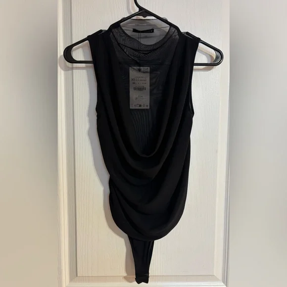 NWT Zara Sheer Tulle Draping Fabric High Neck Sleeveless Black Bodysuit Size XS - Picture 5 of 12